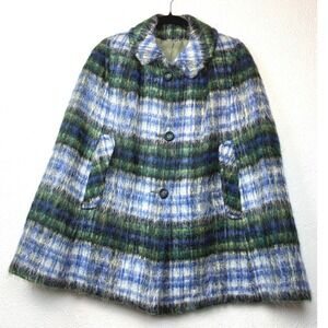 Vintage Blue Plaid Cape Coat - OS - Mohair Style Wool Oversized Mod 1960s
